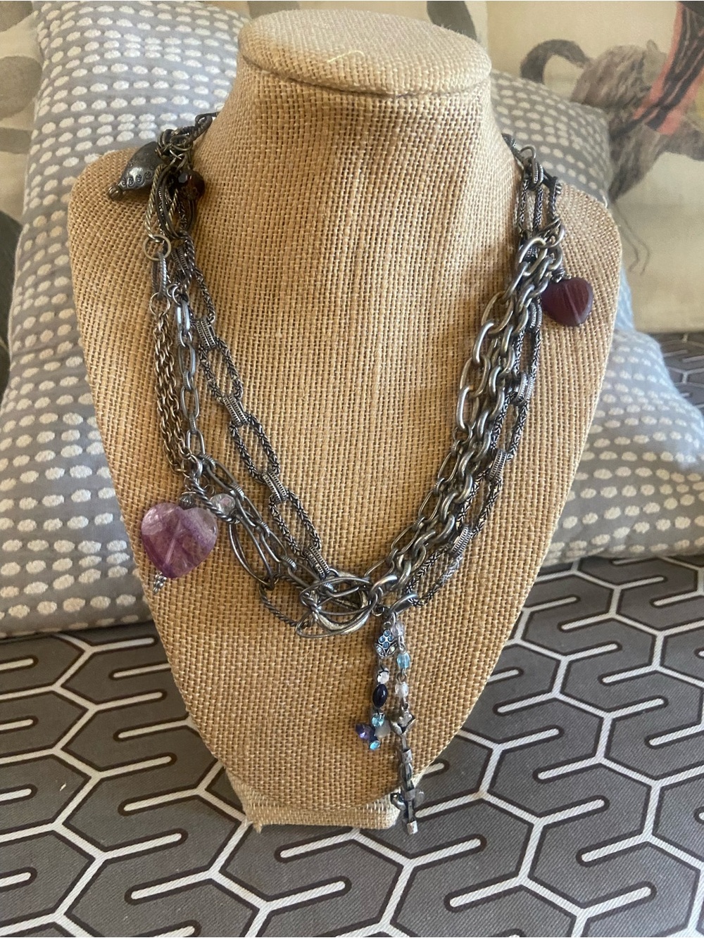 Layered Gunmetal Chain with amethyst heart dangles